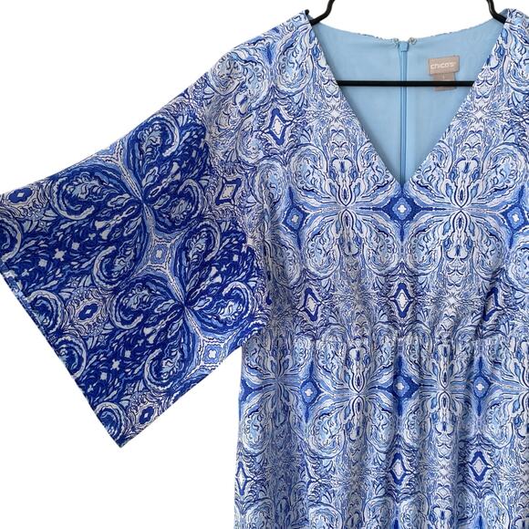 CHICO'S Kimono Maxi Dress Medallion Print Blue Size 8 Front Slit V Neckline Boho - Picture 3 of 7